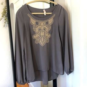 Sheer Grey Embroidered High-Low Blouse